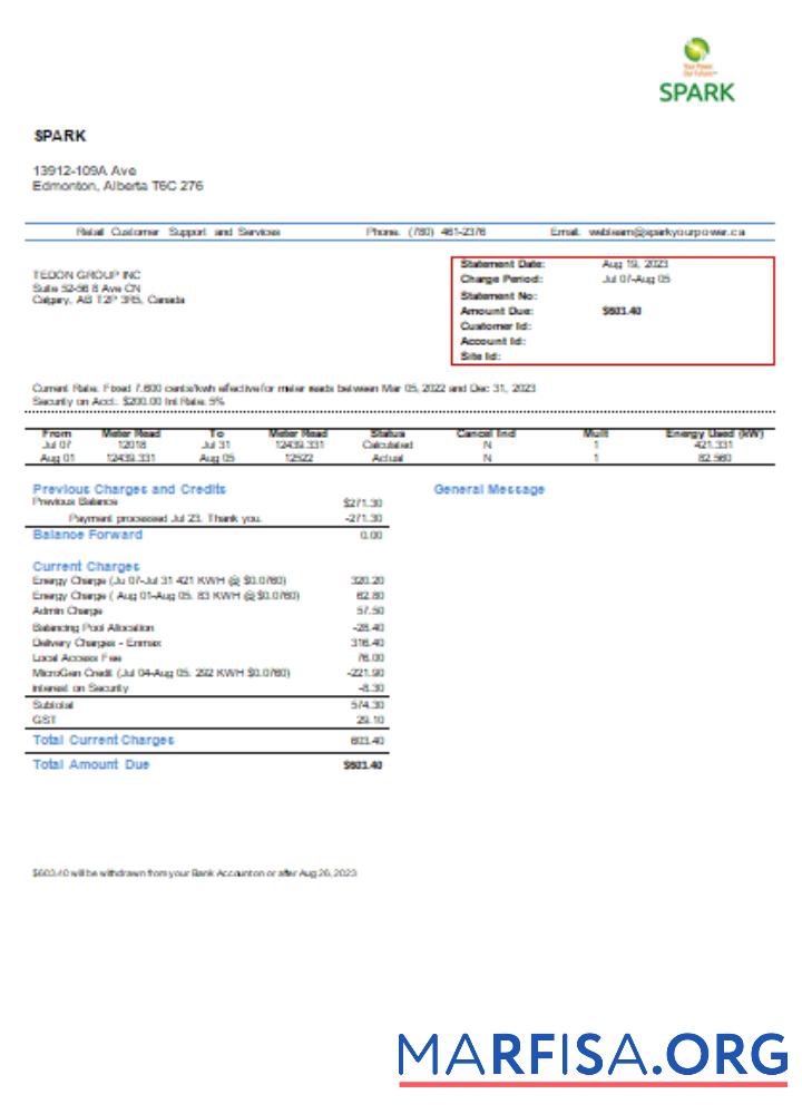 Realistic Spark Alberta utility business bill, SCR example